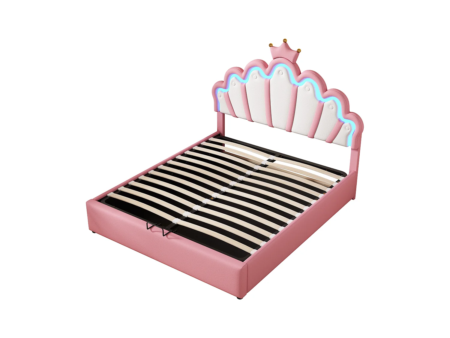 Lit coffre enfant 140x200cm avec LED et tête de lit en forme de couronne, lit princesse en PU rose, sans matelas