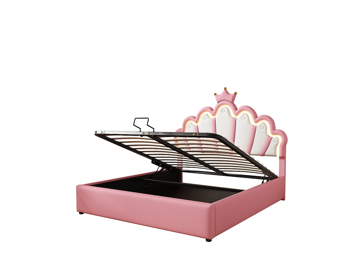 Lit coffre enfant 140x200cm avec LED et tête de lit en forme de couronne, lit princesse en PU rose, sans matelas