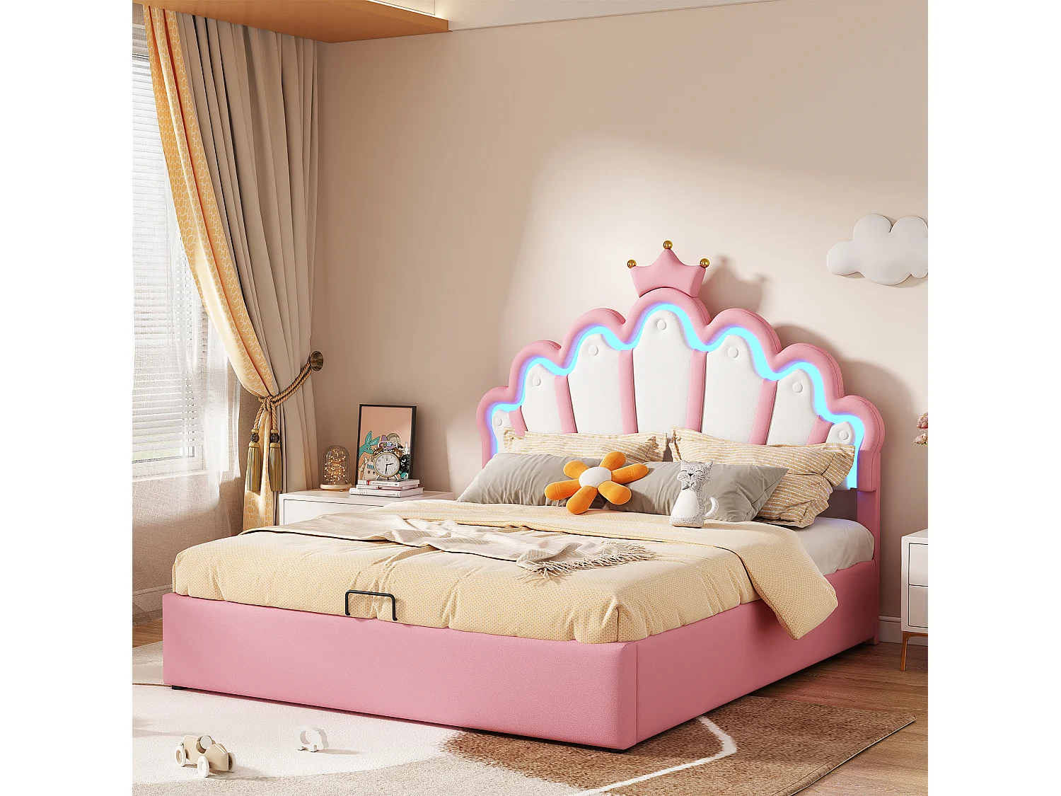 Letto contenitore bambino 140x200 cm con LED e testiera a forma di corona, letto principessa PU rosa, senza materasso