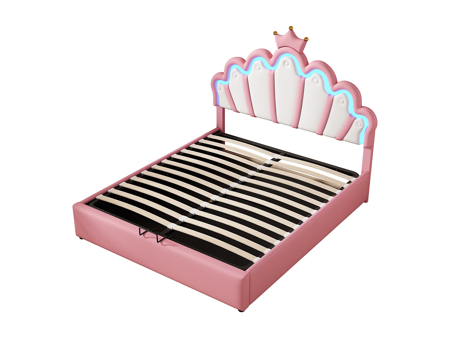 Letto contenitore bambino 140x200 cm con LED e testiera a forma di corona, letto principessa PU rosa, senza materasso