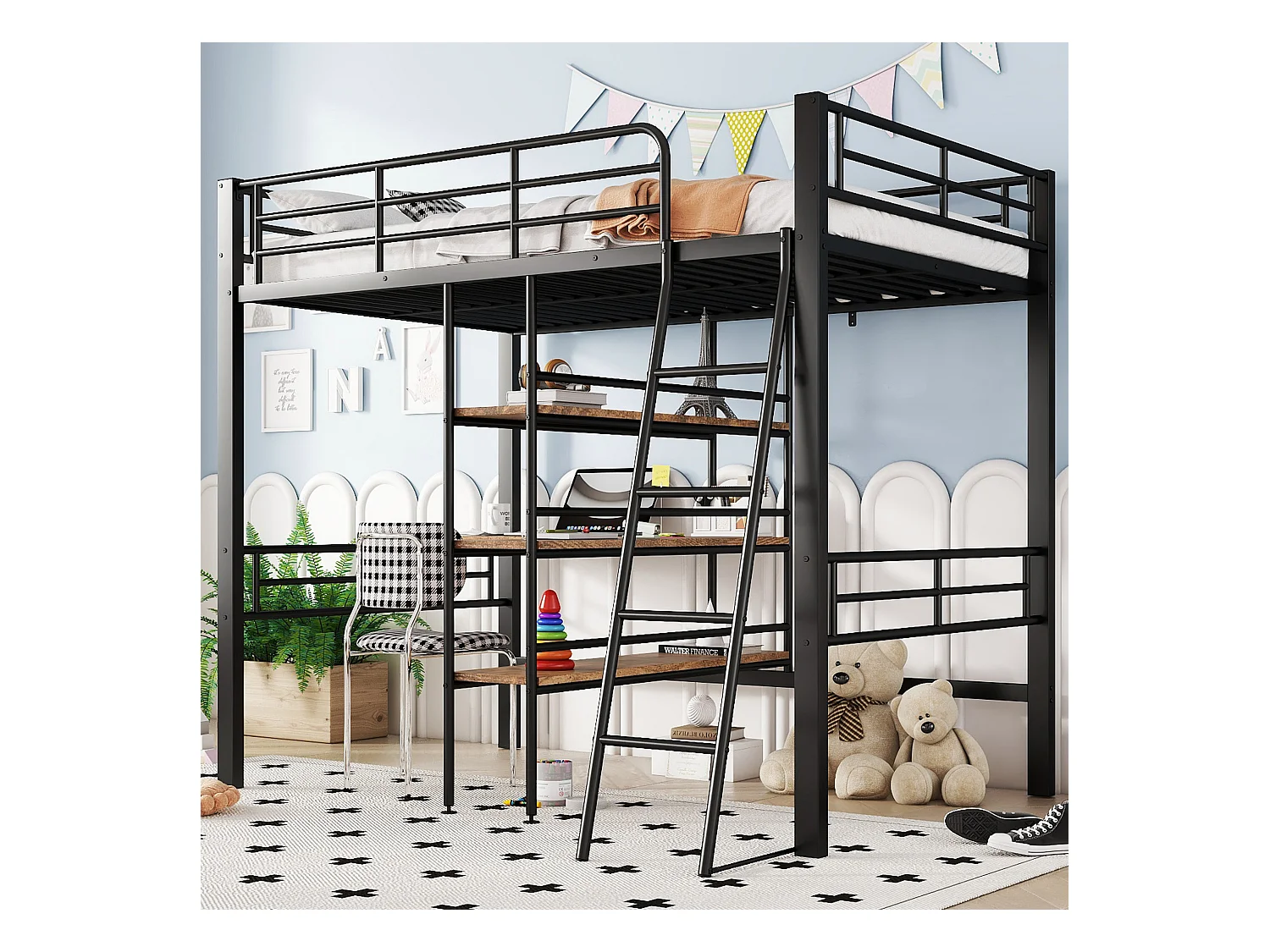 Lit mezzanine enfant 90x200cm avec bureau, Etagère et escalier, Métal, noir, sans matelas