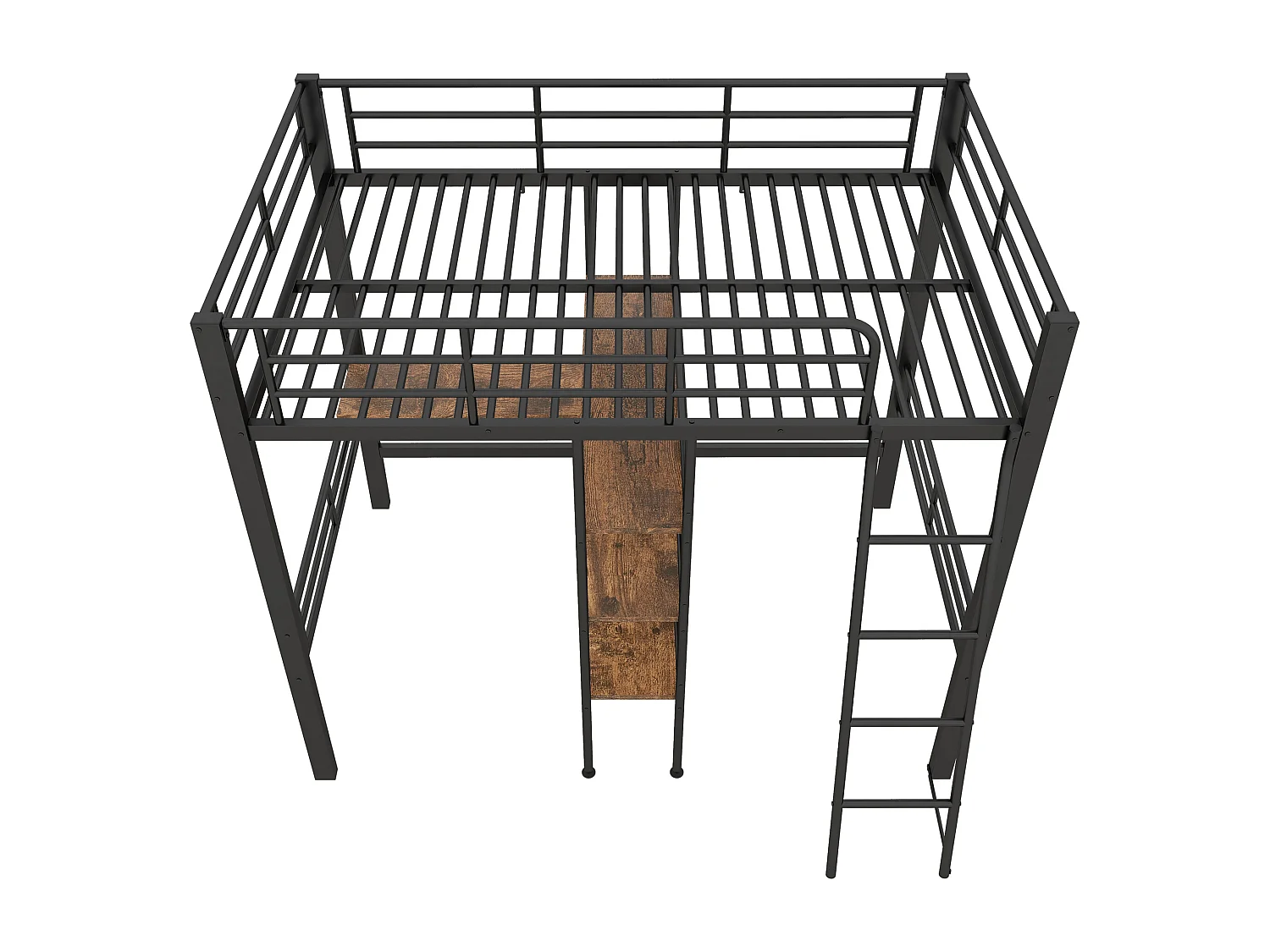 Lit mezzanine enfant 90x200cm avec bureau, Etagère et escalier, Métal, noir, sans matelas