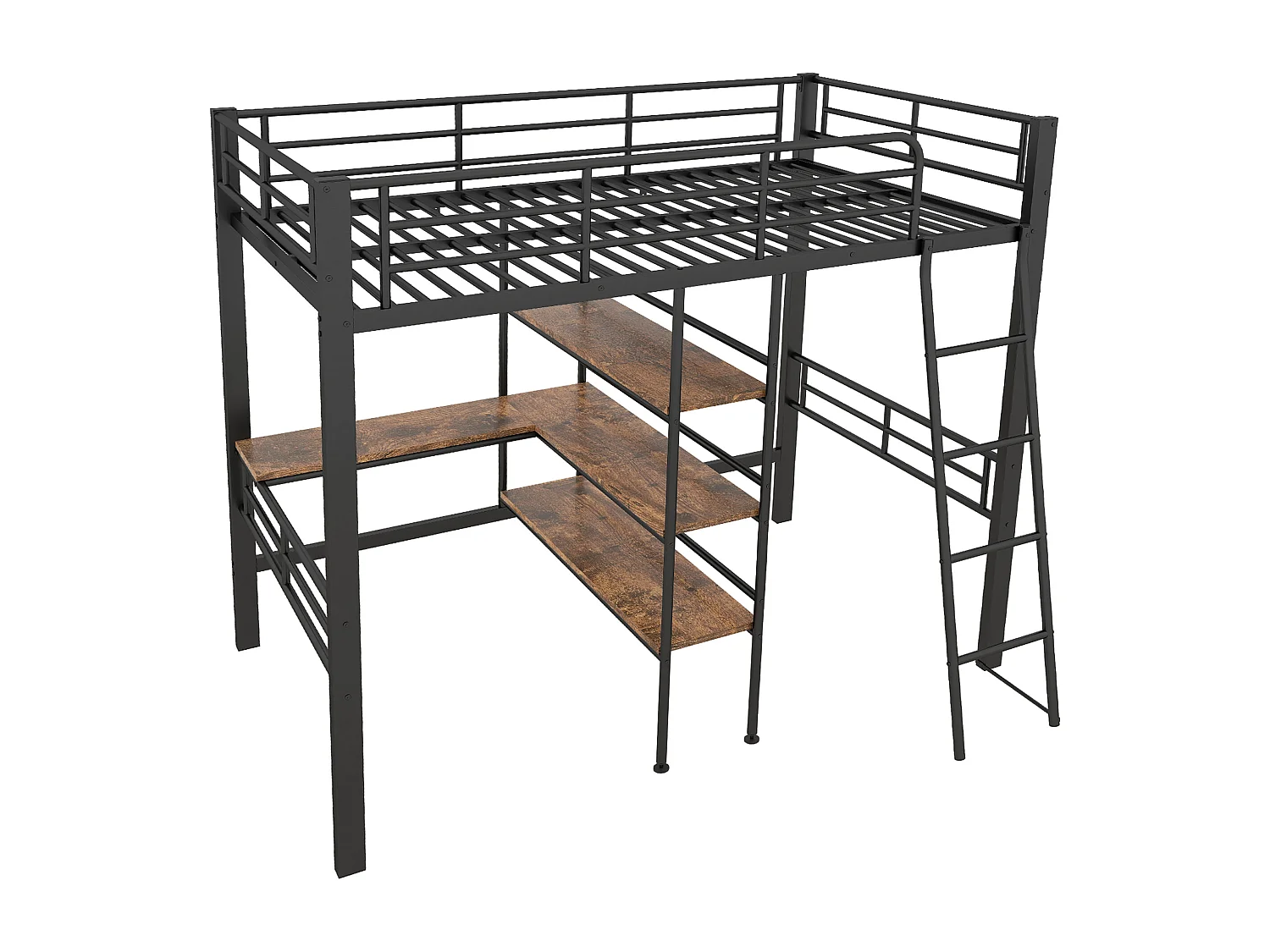 Lit mezzanine enfant 90x200cm avec bureau, Etagère et escalier, Métal, noir, sans matelas