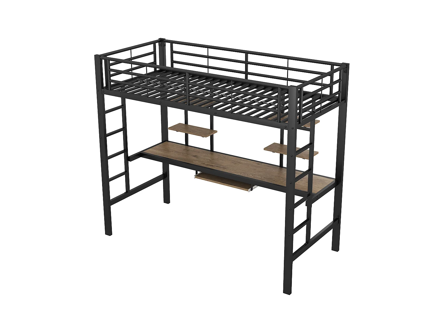 Lit mezzanine enfant 90x200cm avec bureau et escalier, Métal+MDF, noir, sans matelas