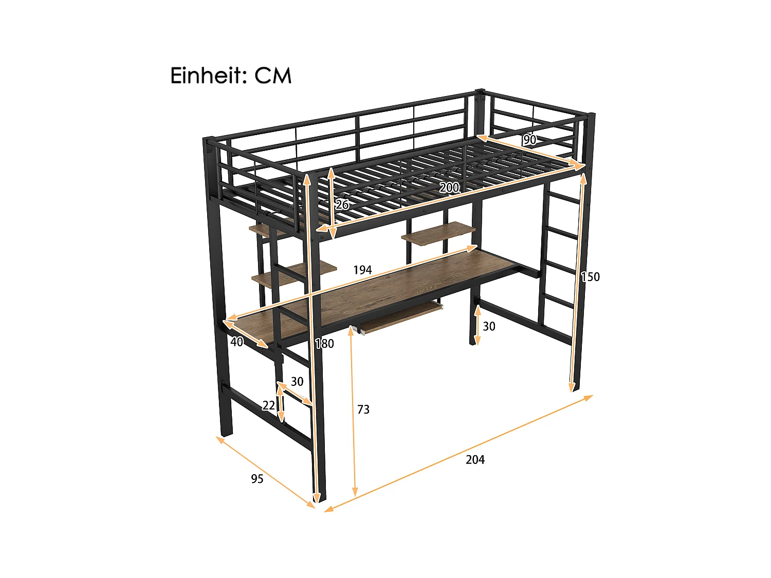 Lit mezzanine enfant 90x200cm avec bureau et escalier, Métal+MDF, noir, sans matelas