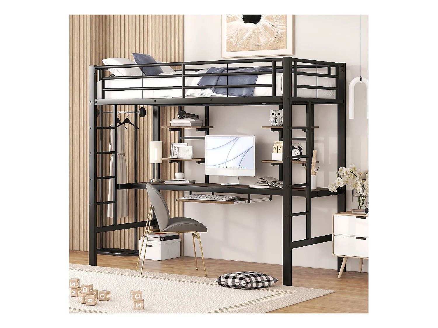 Hoogslaper voor kinderen 90x200 cm met bureau en trap, metaal + MDF, zwart, zonder matras