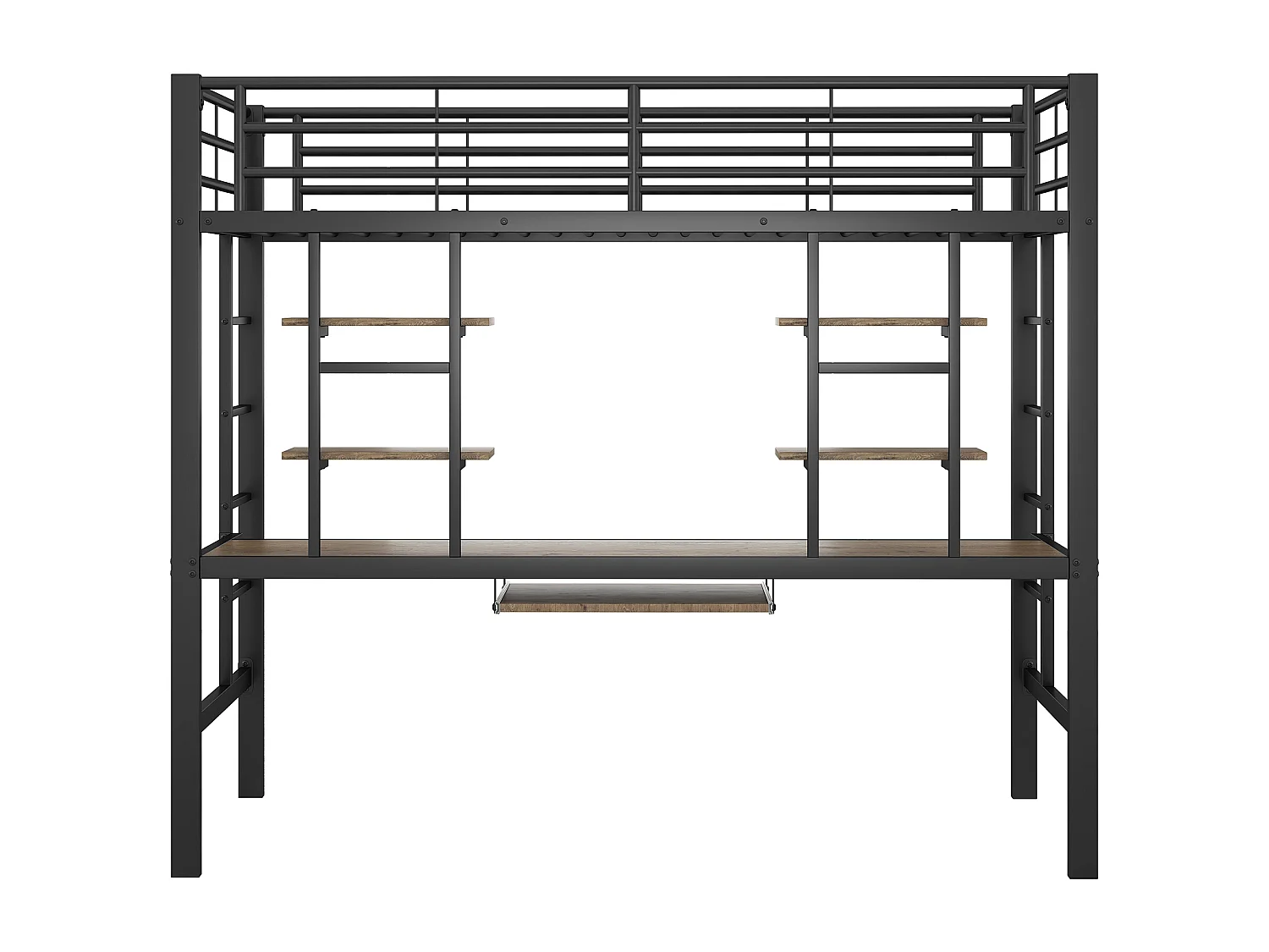 Lit mezzanine enfant 90x200cm avec bureau et escalier, Métal+MDF, noir, sans matelas