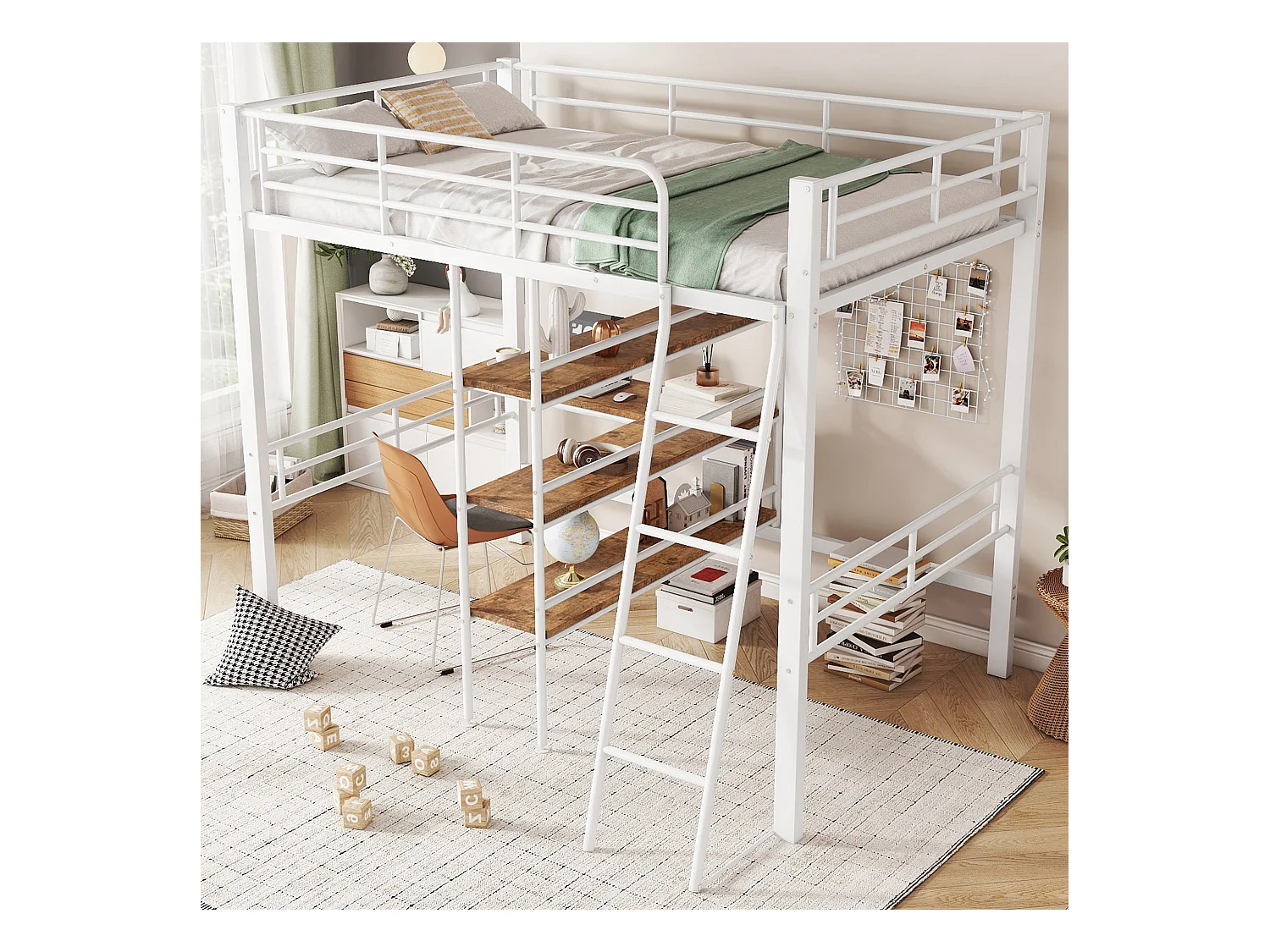 Lit mezzanine enfant 90x200cm avec bureau,Etagère et escalier, Métal, blanc, sans matelas
