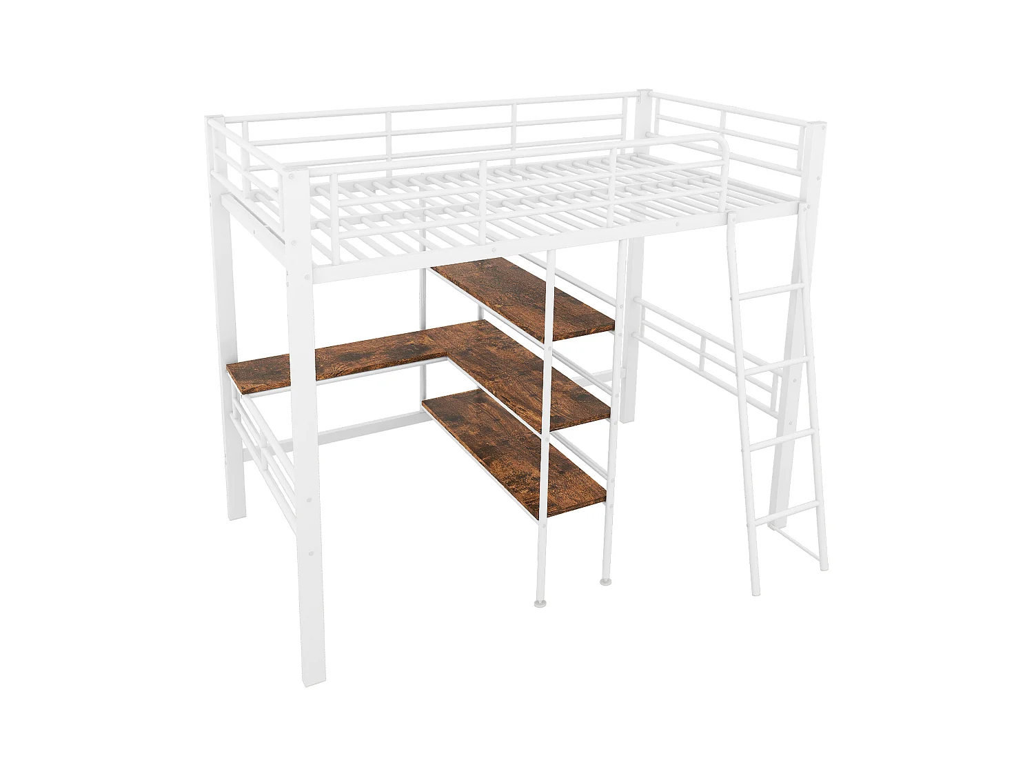 Lit mezzanine enfant 90x200cm avec bureau,Etagère et escalier, Métal, blanc, sans matelas