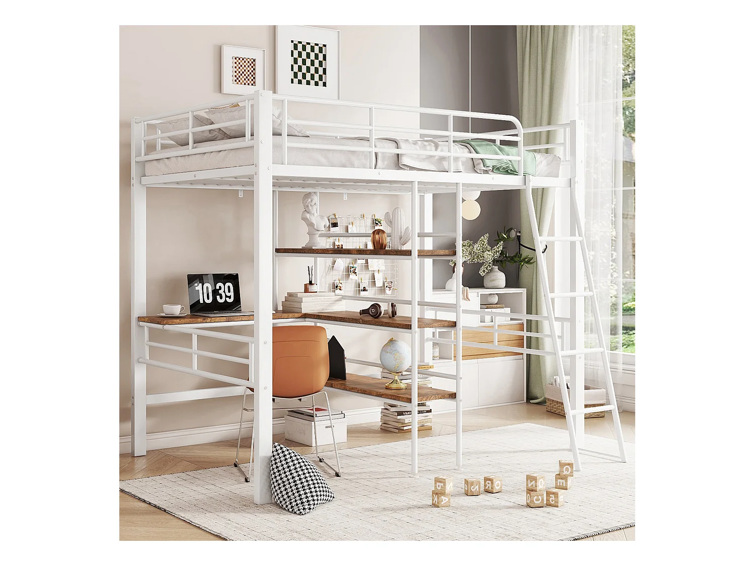 Lit mezzanine enfant 90x200cm avec bureau,Etagère et escalier, Métal, blanc, sans matelas
