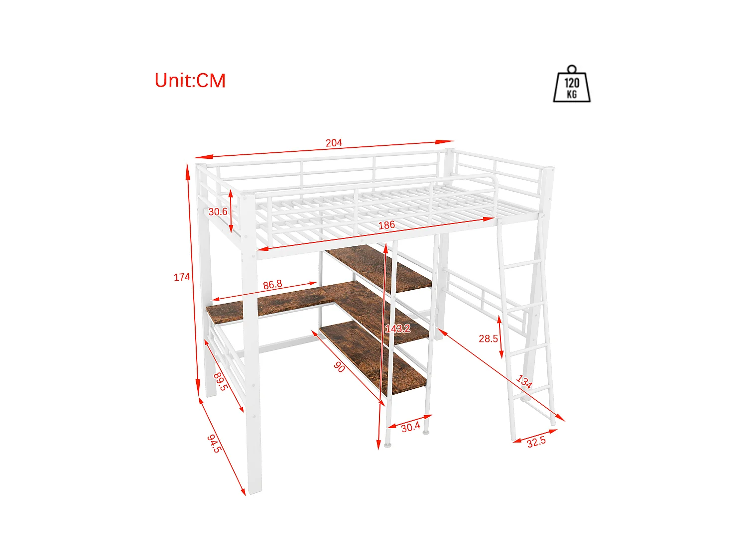Lit mezzanine enfant 90x200cm avec bureau,Etagère et escalier, Métal, blanc, sans matelas