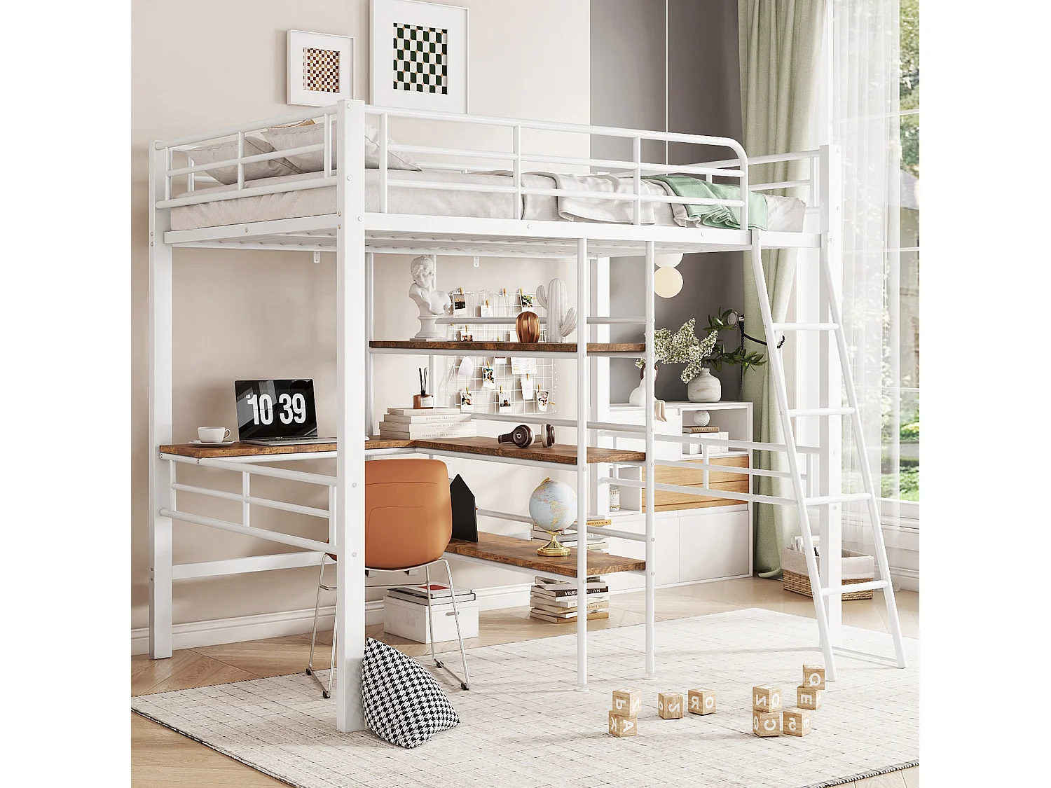 Lit mezzanine enfant 90x200cm avec bureau,Etagère et escalier, Métal, blanc, sans matelas