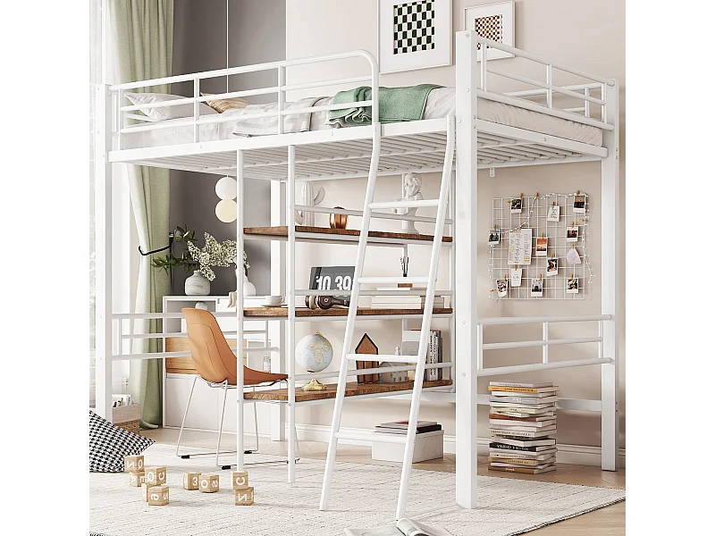 Hoogslaper voor kinderen 90x200 cm met bureau, plank en trap, metaal, wit, zonder matras