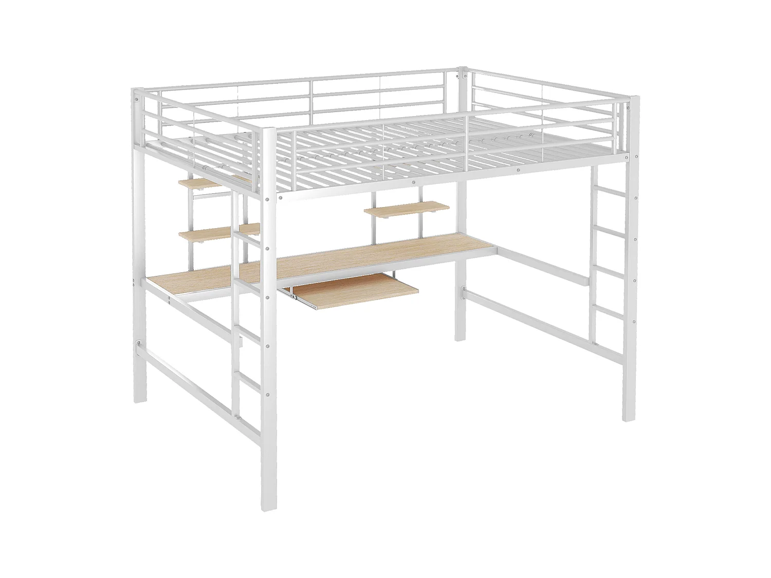 Lit mezzanine enfant 140x200cm avec bureau et escalier, Métal+MDF, blanc, sans matelas