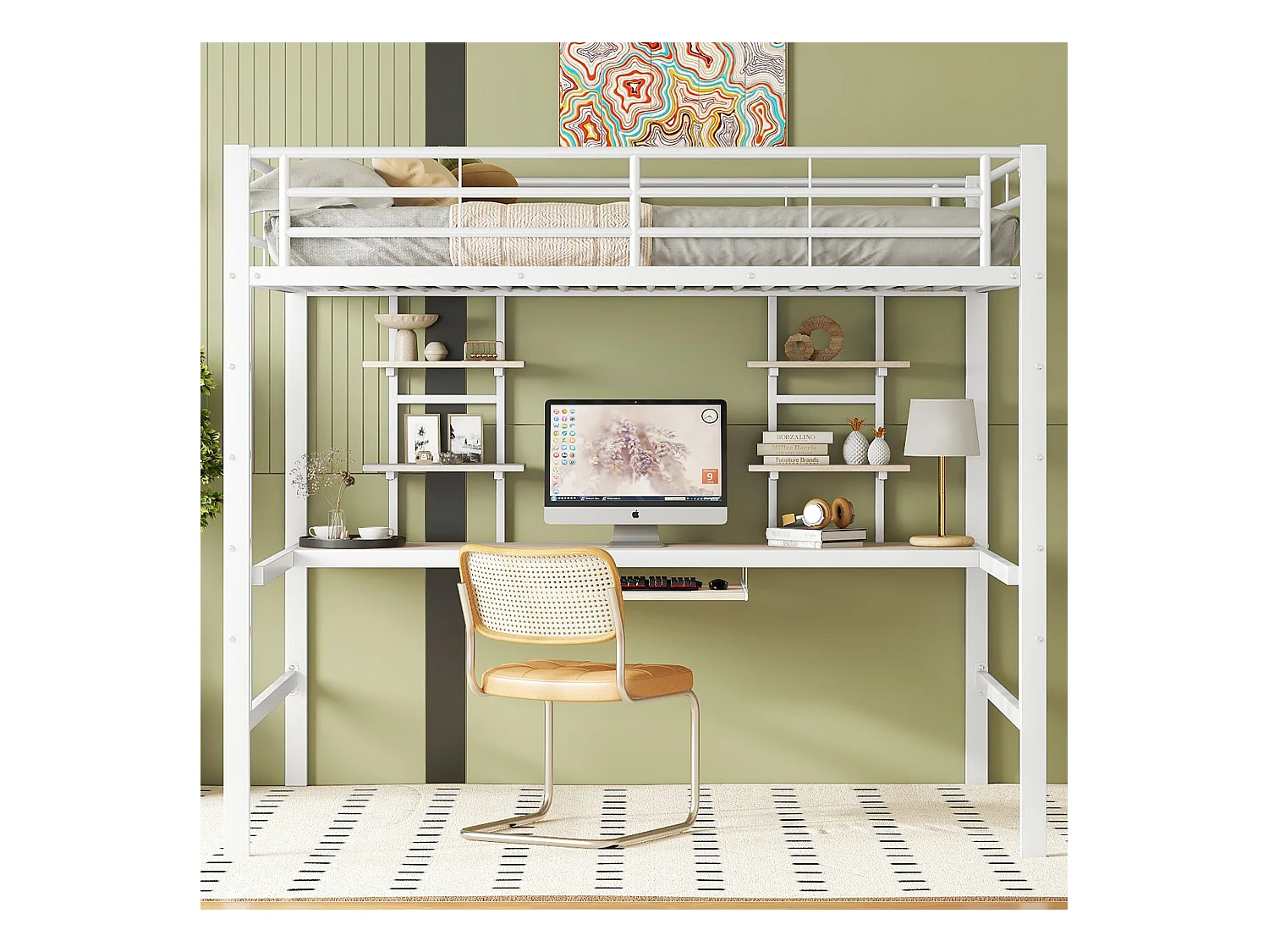 Lit mezzanine enfant 140x200cm avec bureau et escalier, Métal+MDF, blanc, sans matelas