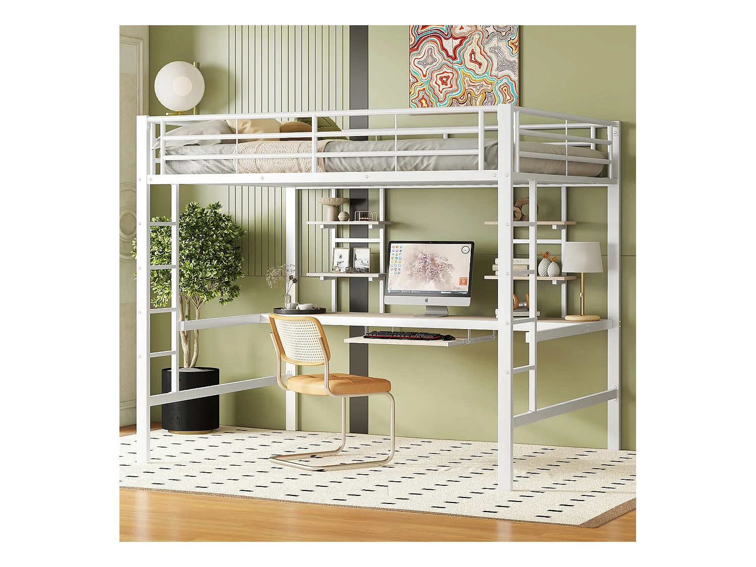 Lit mezzanine enfant 140x200cm avec bureau et escalier, Métal+MDF, blanc, sans matelas