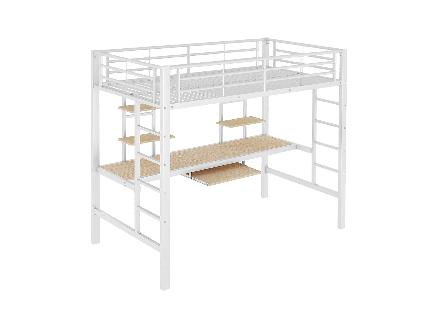 Lit mezzanine enfant 90x200cm avec bureau et escalier, Métal+MDF, blanc, sans matelas