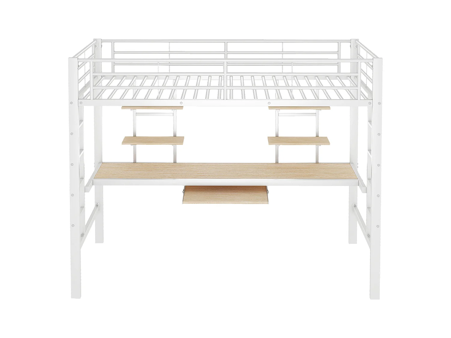 Lit mezzanine enfant 90x200cm avec bureau et escalier, Métal+MDF, blanc, sans matelas