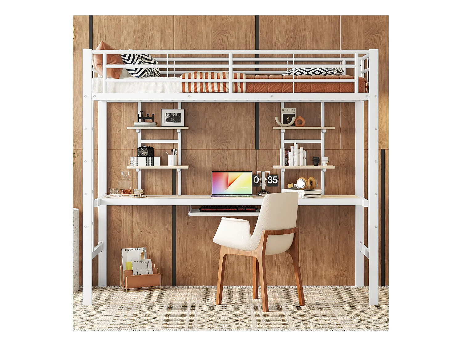 Lit mezzanine enfant 90x200cm avec bureau et escalier, Métal+MDF, blanc, sans matelas