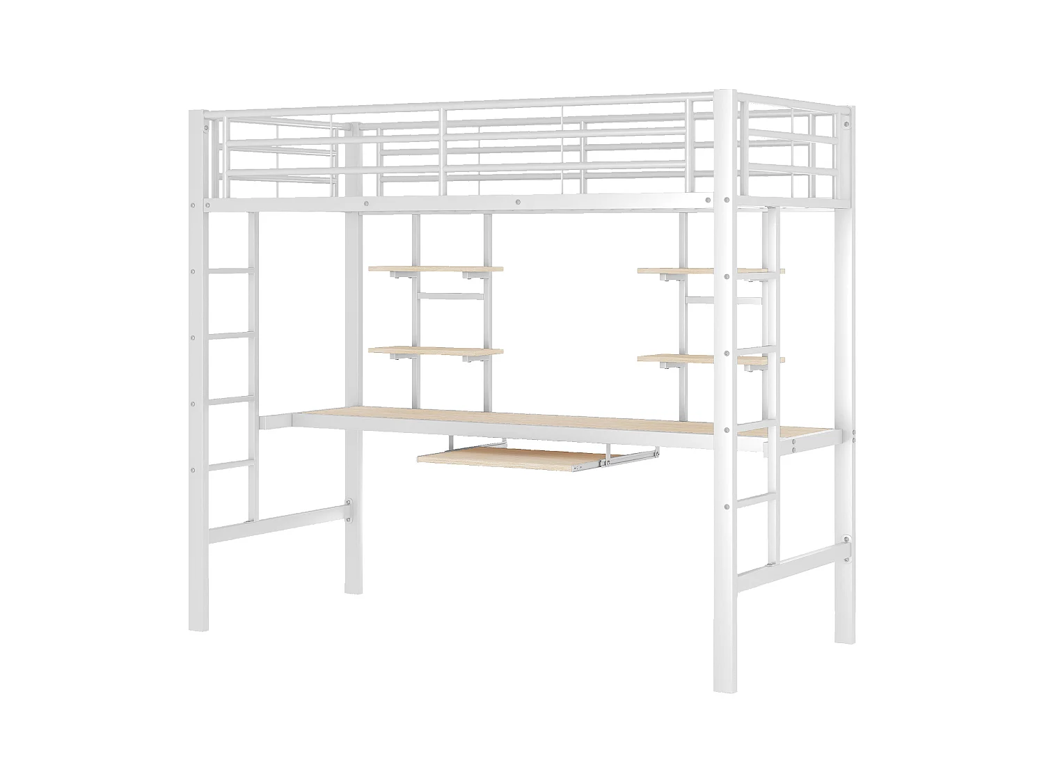 Lit mezzanine enfant 90x200cm avec bureau et escalier, Métal+MDF, blanc, sans matelas