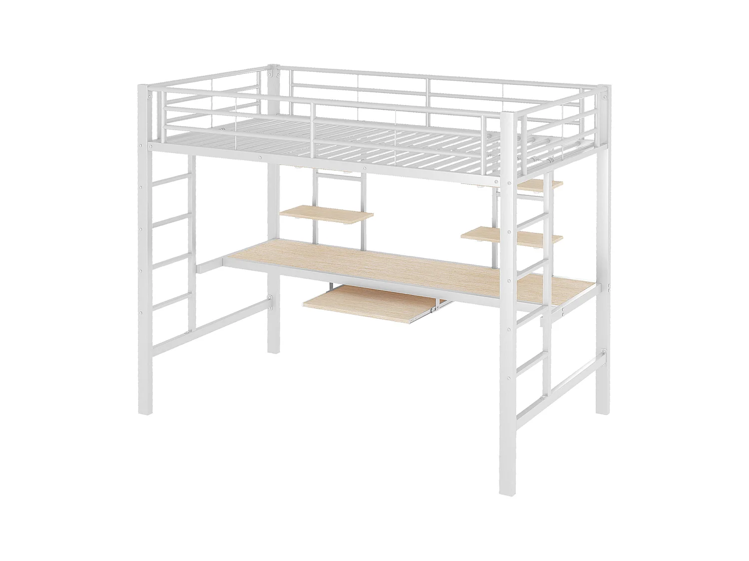 Lit mezzanine enfant 90x200cm avec bureau et escalier, Métal+MDF, blanc, sans matelas