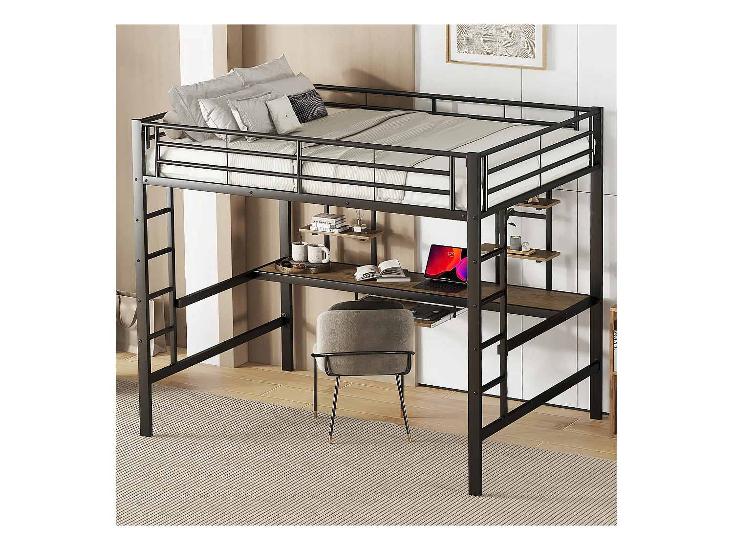 Lit mezzanine enfant 140x200cm avec bureau et escalier, Métal+MDF, noir, sans matelas