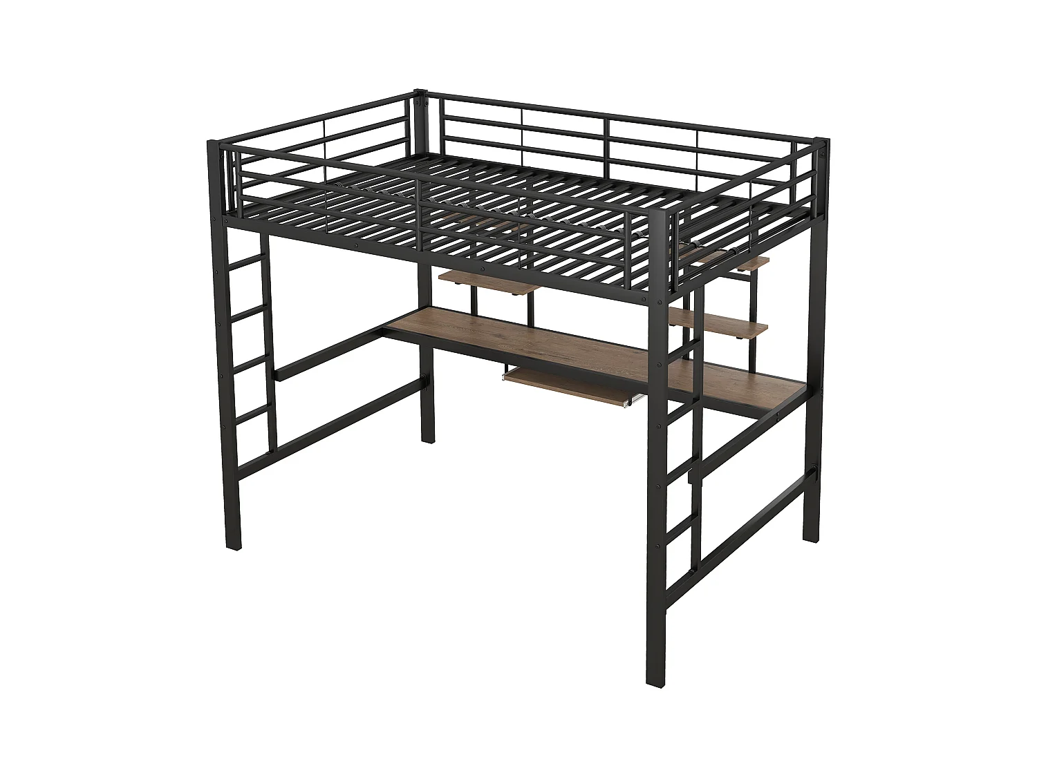 Lit mezzanine enfant 140x200cm avec bureau et escalier, Métal+MDF, noir, sans matelas