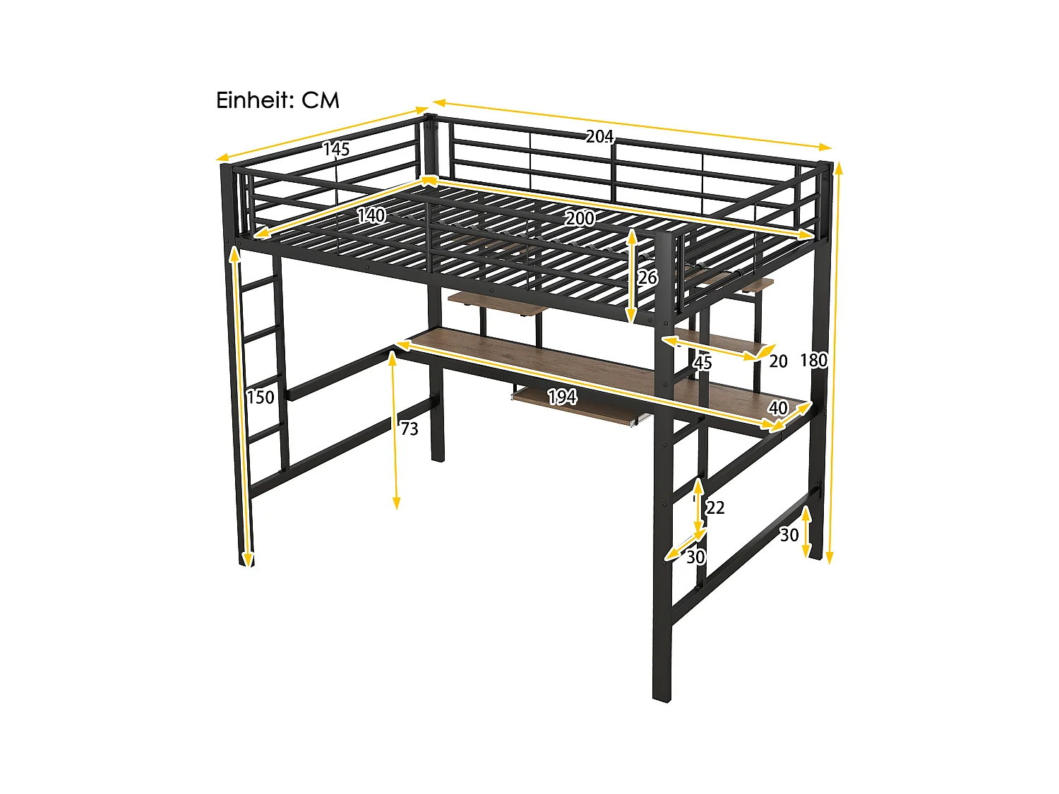 Lit mezzanine enfant 140x200cm avec bureau et escalier, Métal+MDF, noir, sans matelas