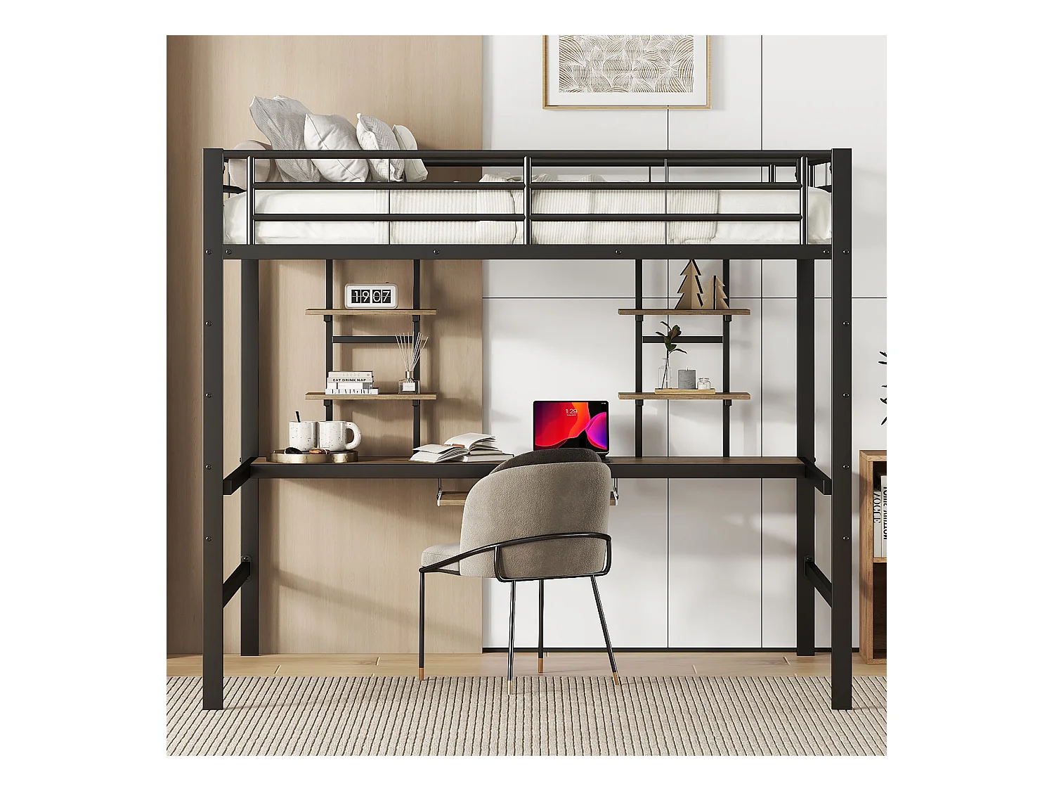 Lit mezzanine enfant 140x200cm avec bureau et escalier, Métal+MDF, noir, sans matelas