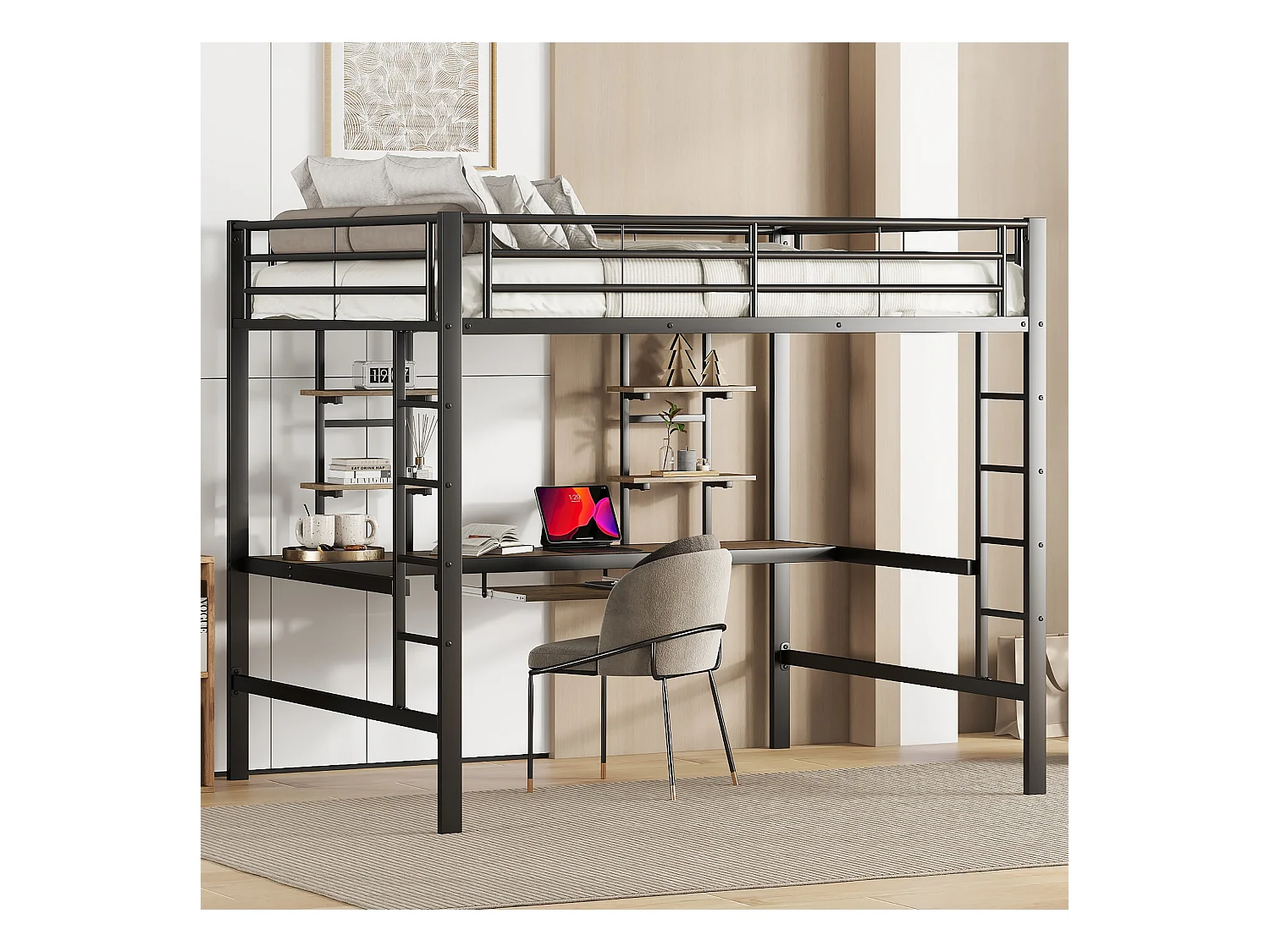 Lit mezzanine enfant 140x200cm avec bureau et escalier, Métal+MDF, noir, sans matelas