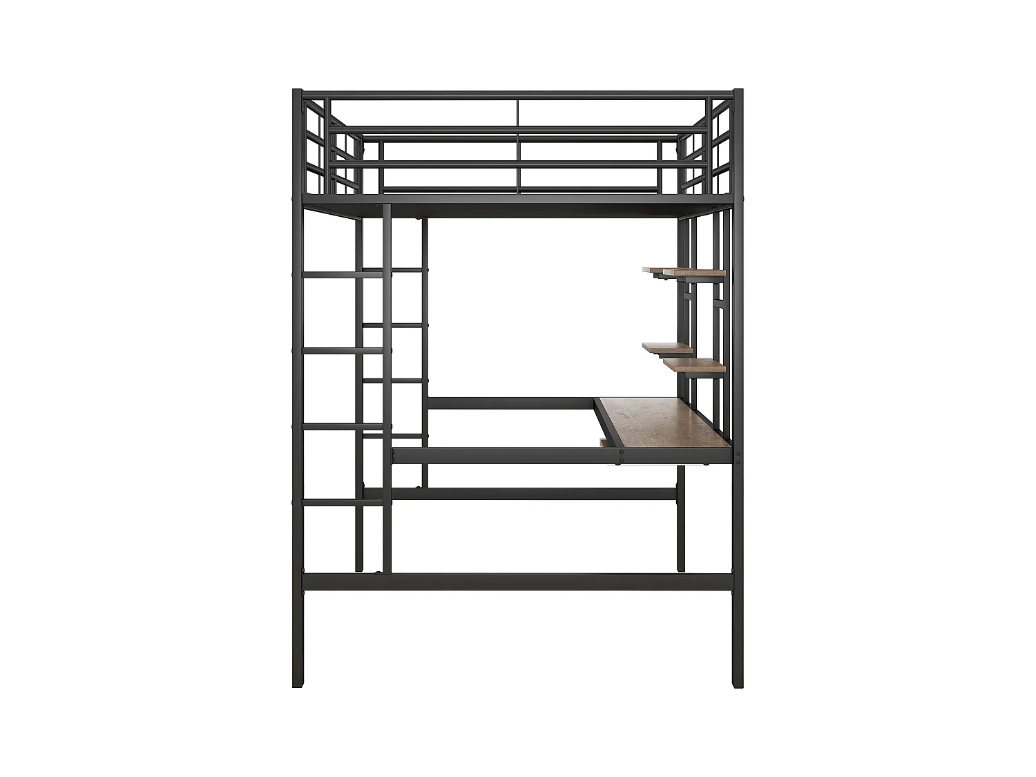 Lit mezzanine enfant 140x200cm avec bureau et escalier, Métal+MDF, noir, sans matelas