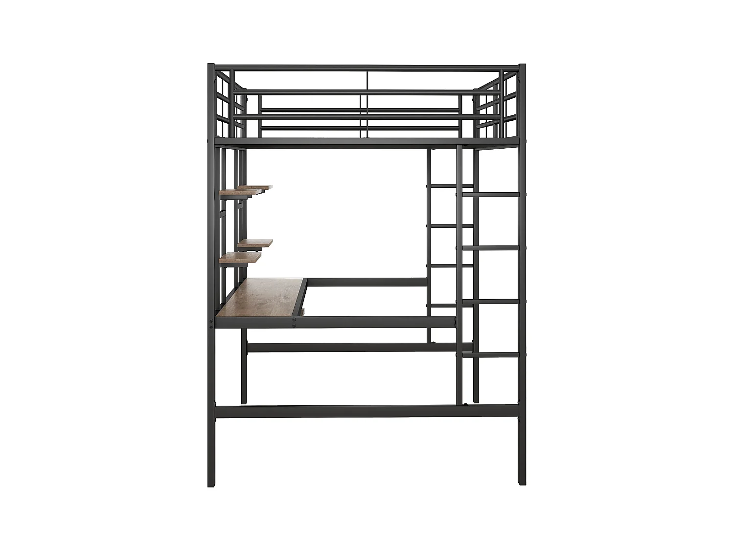 Lit mezzanine enfant 140x200cm avec bureau et escalier, Métal+MDF, noir, sans matelas