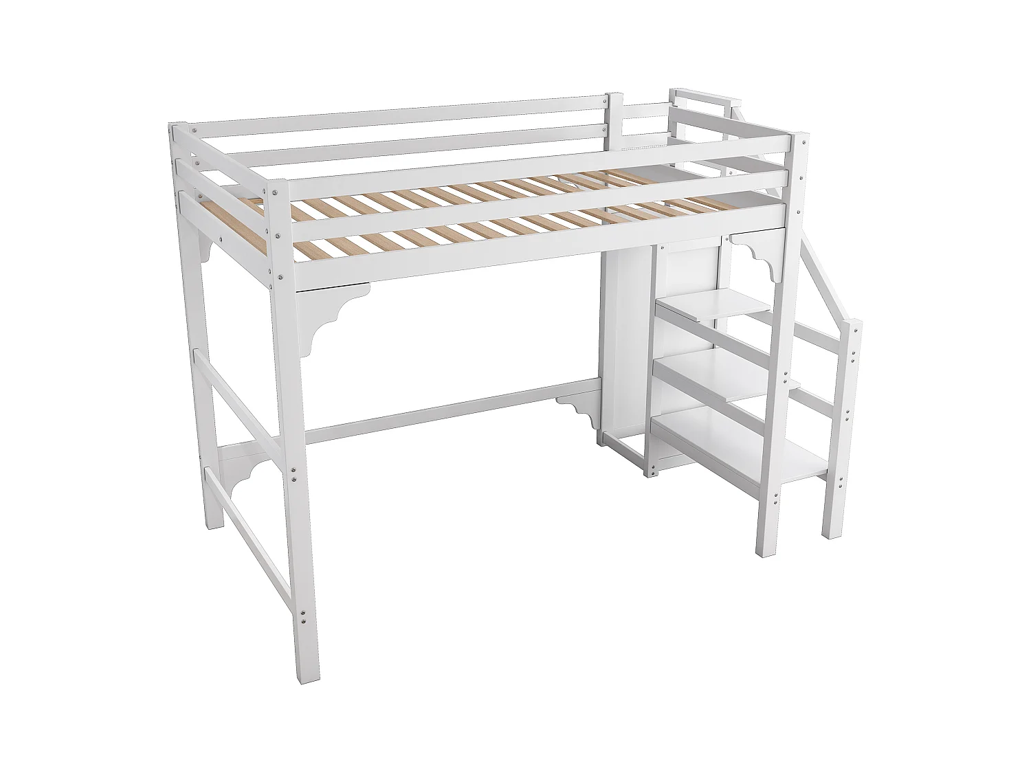 Lit mezzanine enfant 140x200cm avec Barrières de sécurité et escalier, pin+MDF, blanc, sans matelas