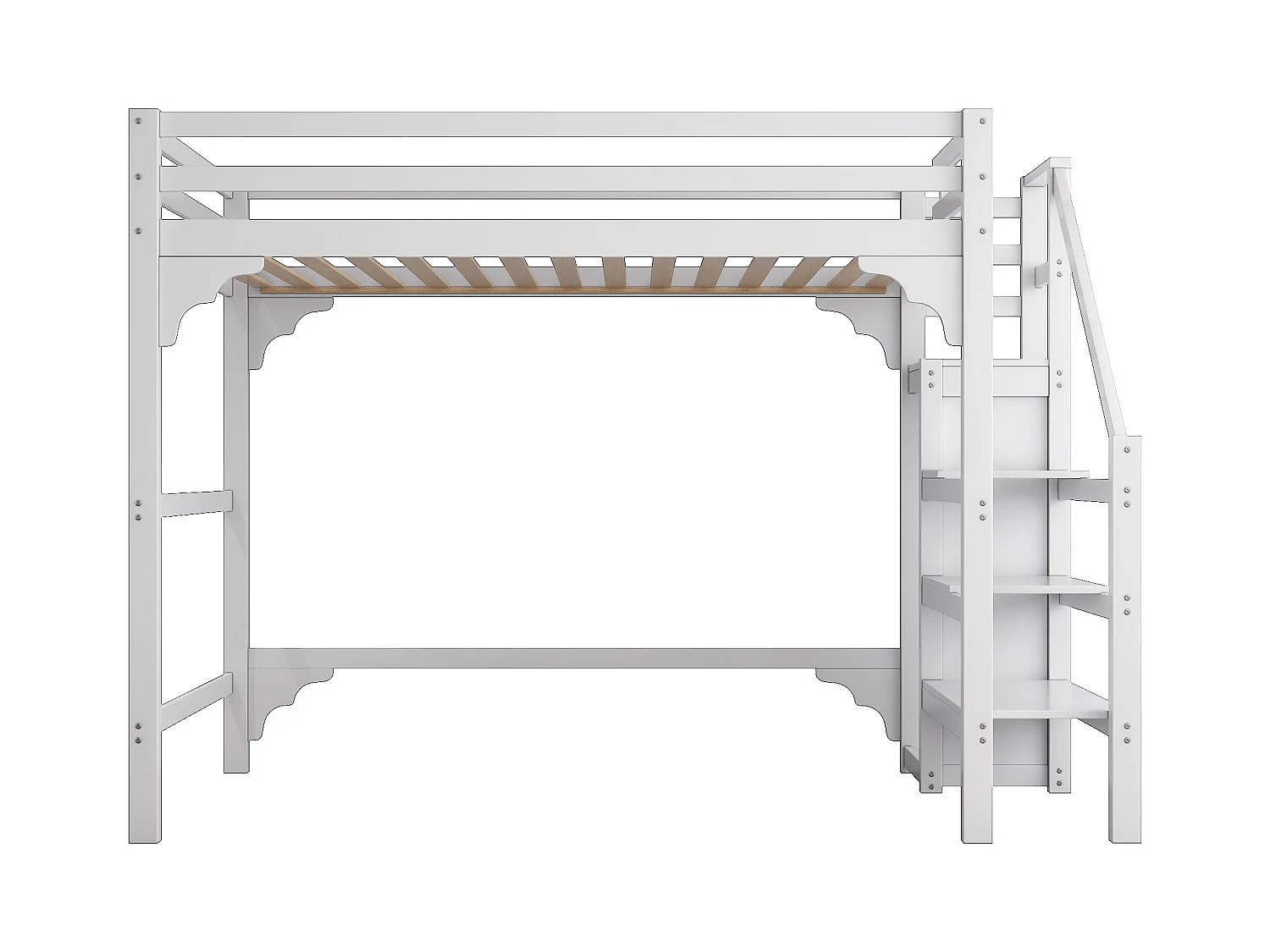 Lit mezzanine enfant 140x200cm avec Barrières de sécurité et escalier, pin+MDF, blanc, sans matelas
