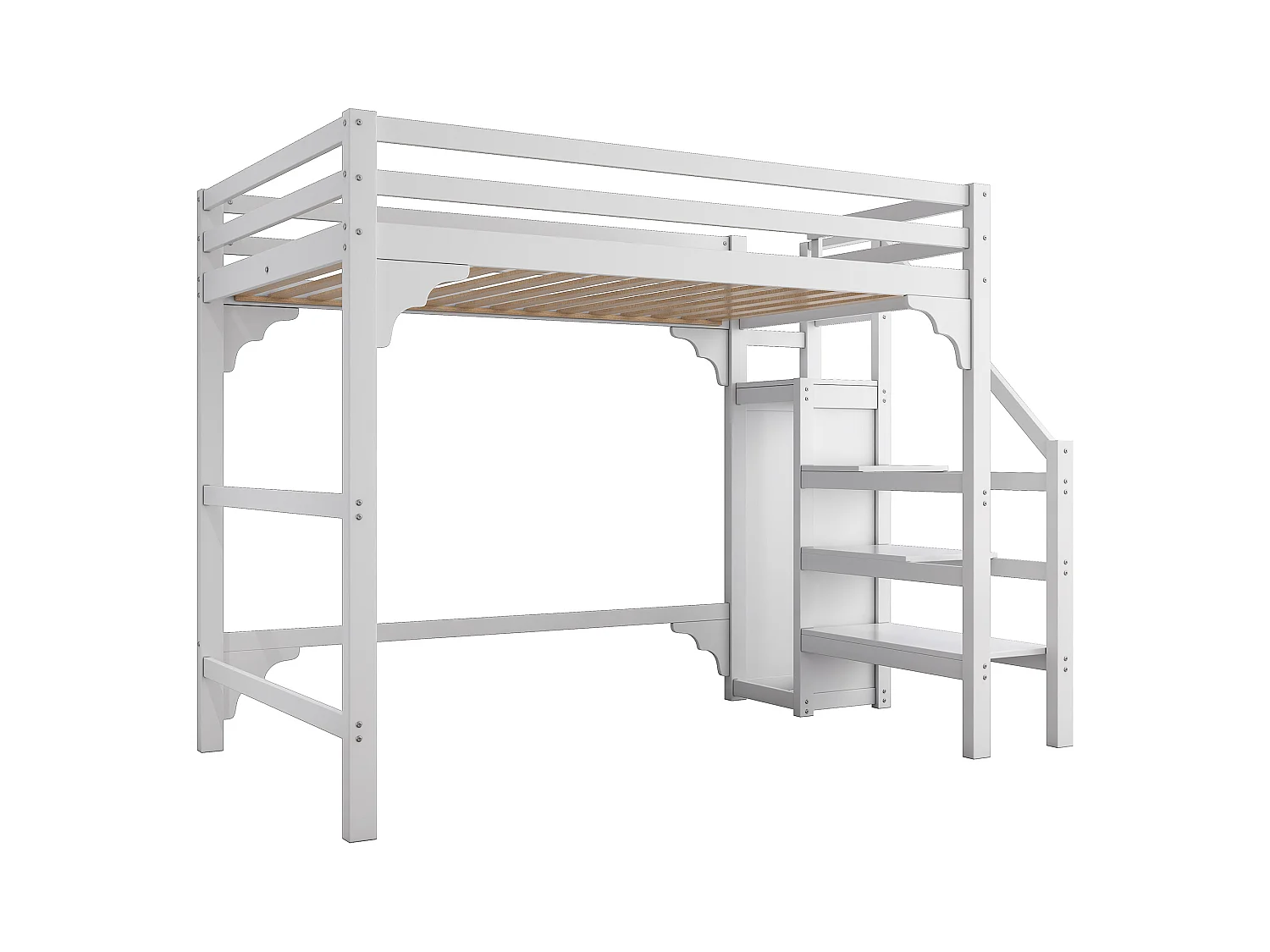 Lit mezzanine enfant 140x200cm avec Barrières de sécurité et escalier, pin+MDF, blanc, sans matelas