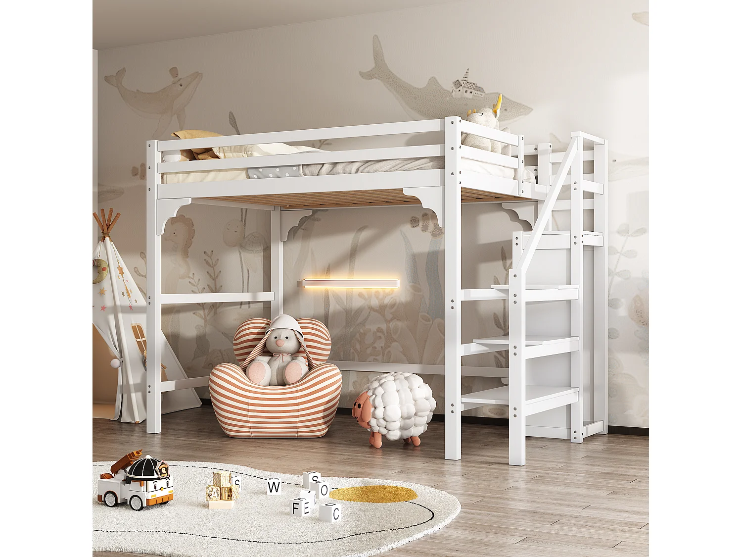 Lit mezzanine enfant 140x200cm avec Barrières de sécurité et escalier, pin+MDF, blanc, sans matelas