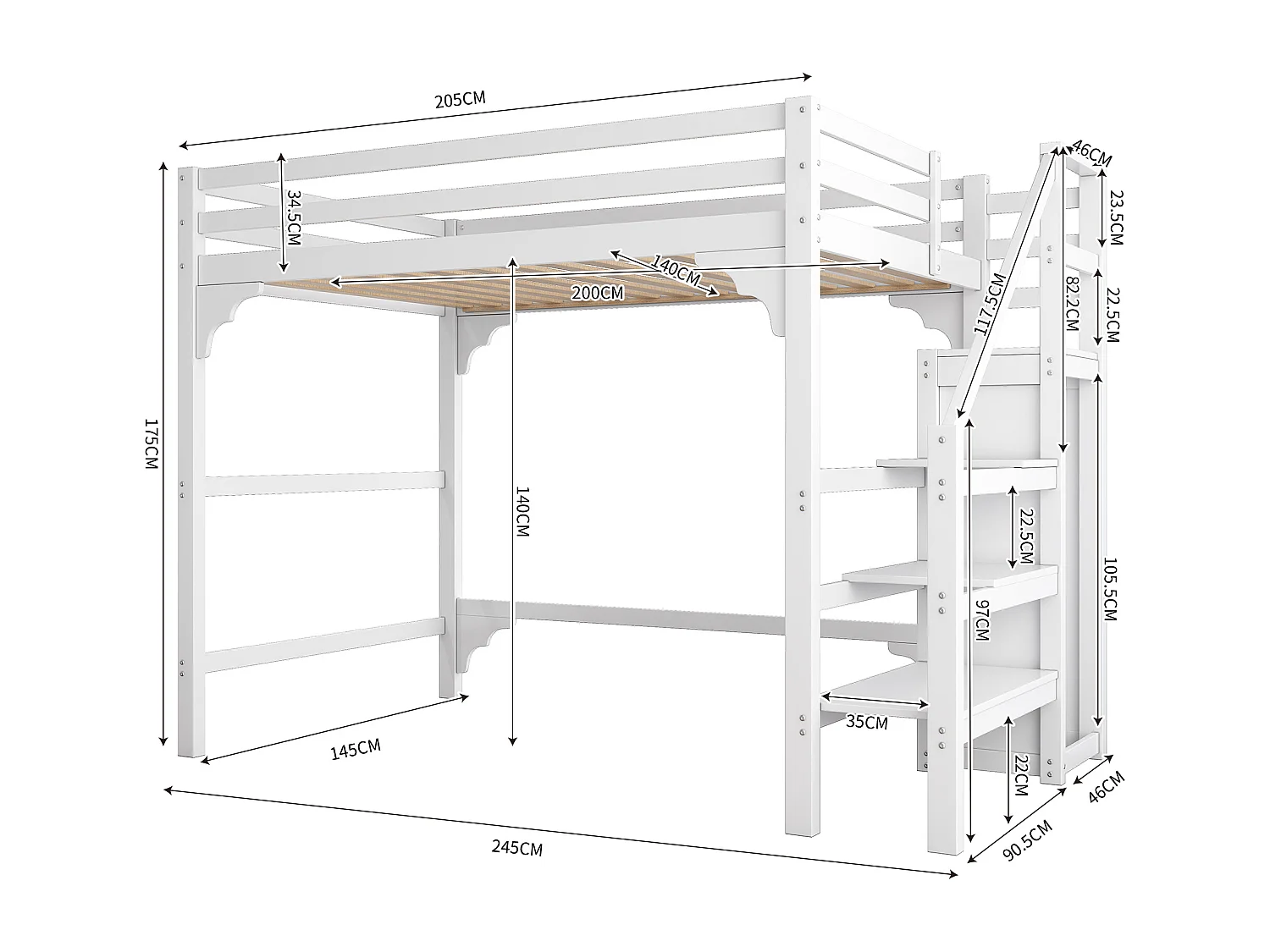 Lit mezzanine enfant 140x200cm avec Barrières de sécurité et escalier, pin+MDF, blanc, sans matelas