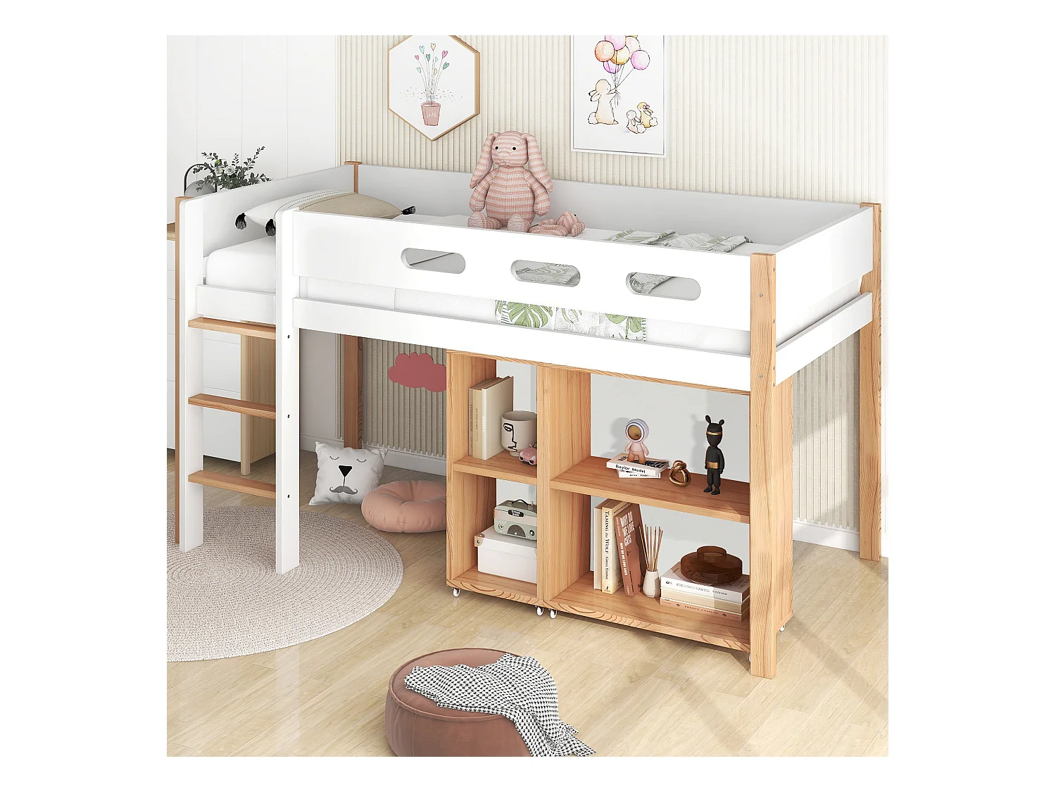 Letto a soppalco per bambini 90x200 cm, con sicurezza, scala e scaffale, legno naturale e bianco, senza materasso