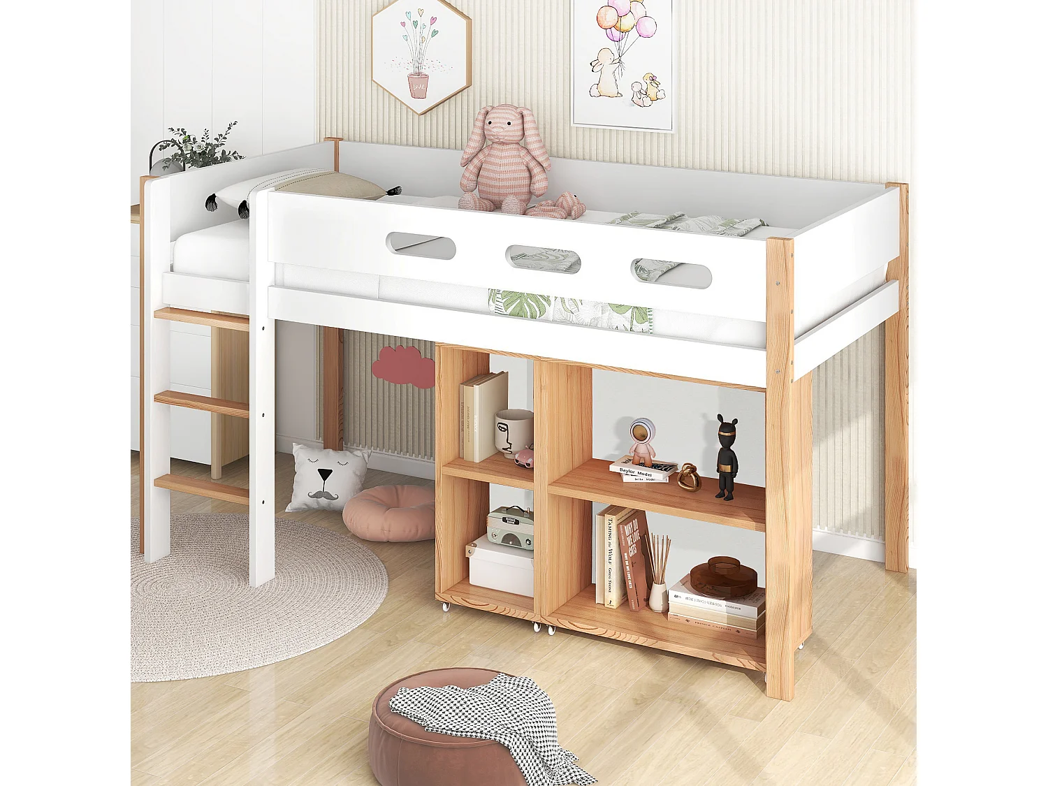 Lit mi hauteur enfant 90x200cm, avec sécurité, escalier et Etagère, bois,natuerel et blanc, sans matelas