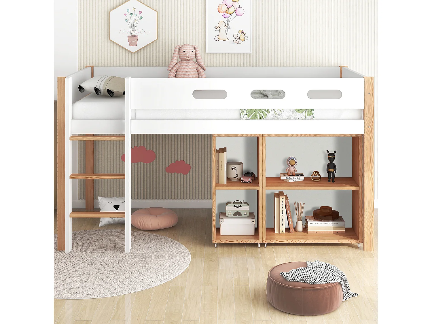 Lit mi hauteur enfant 90x200cm, avec sécurité, escalier et Etagère, bois,natuerel et blanc, sans matelas