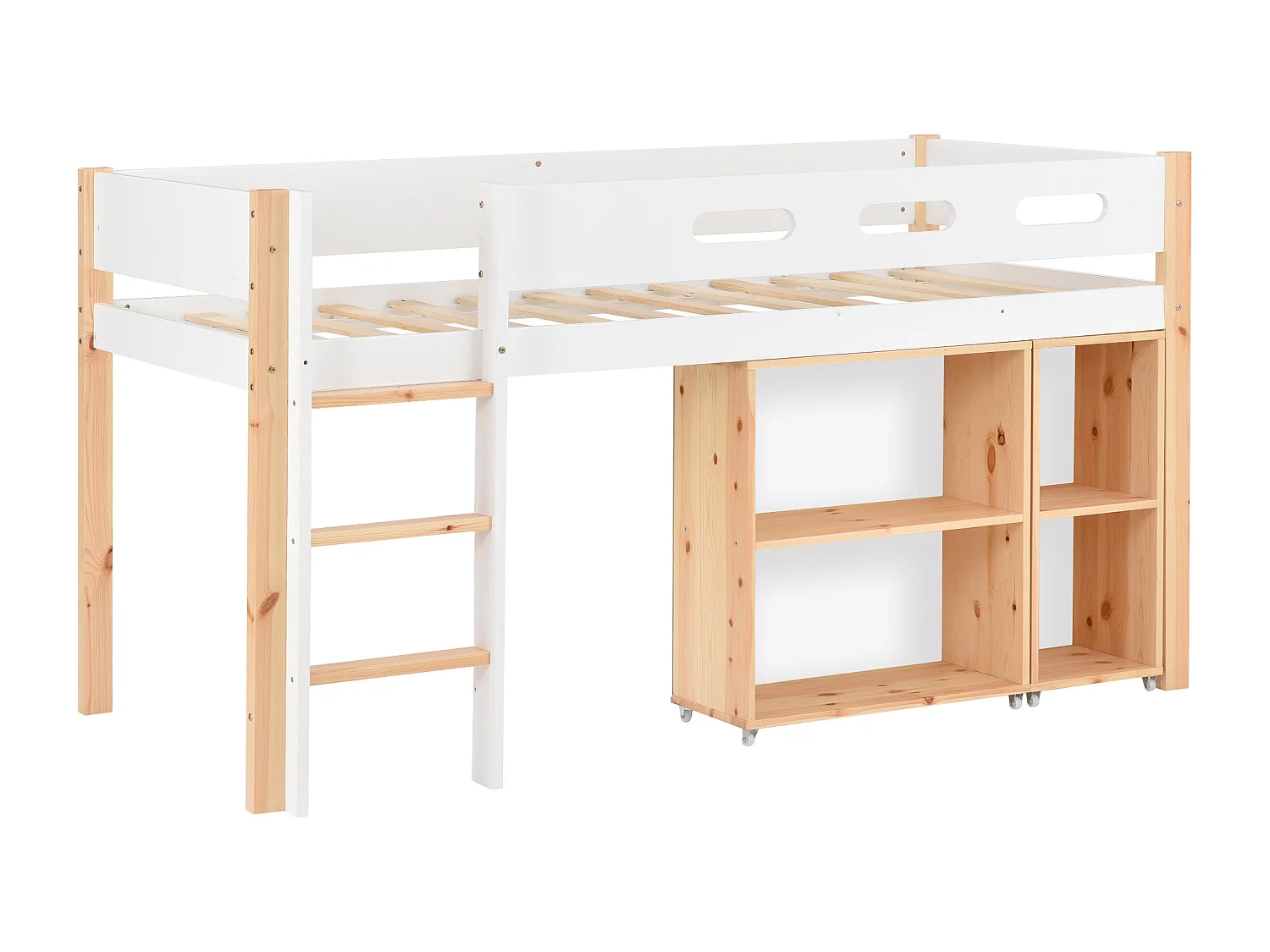 Lit mi hauteur enfant 90x200cm, avec sécurité, escalier et Etagère, bois,natuerel et blanc, sans matelas