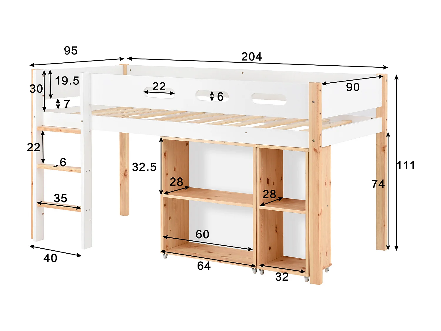 Lit mi hauteur enfant 90x200cm, avec sécurité, escalier et Etagère, bois,natuerel et blanc, sans matelas