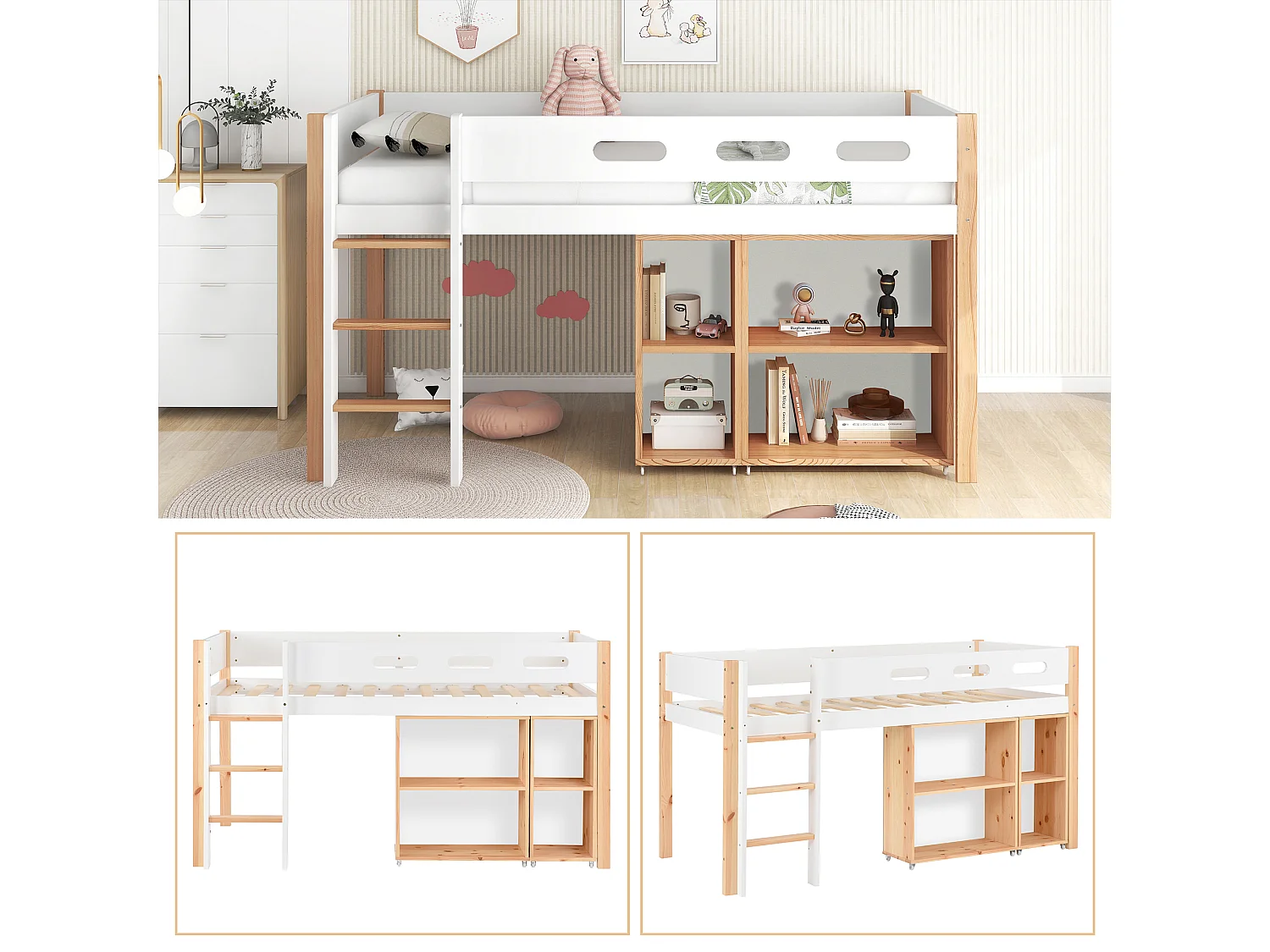 Lit mi hauteur enfant 90x200cm, avec sécurité, escalier et Etagère, bois,natuerel et blanc, sans matelas