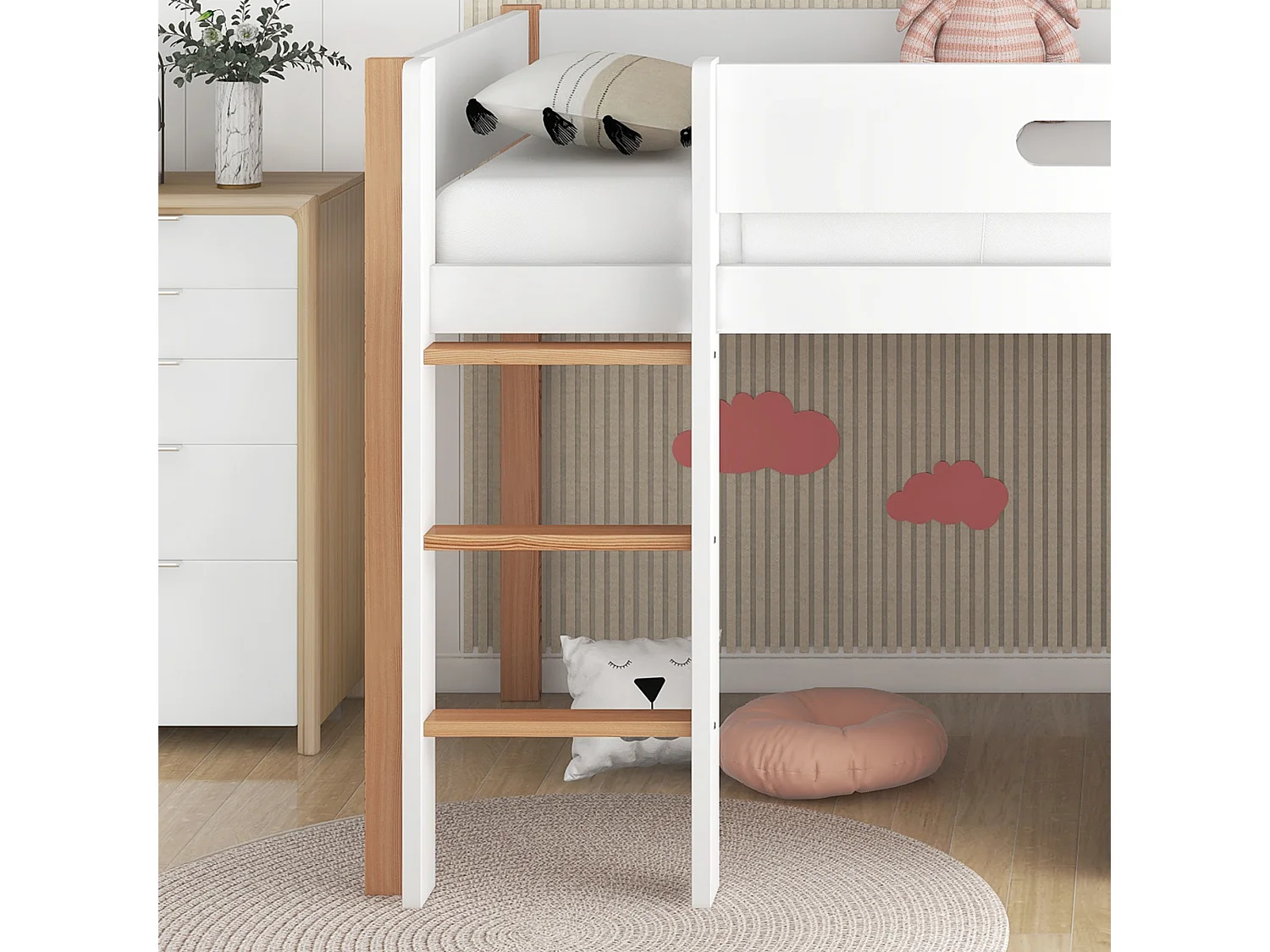 Lit mi hauteur enfant 90x200cm, avec sécurité, escalier et Etagère, bois,natuerel et blanc, sans matelas