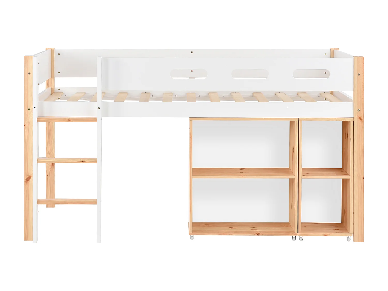 Lit mi hauteur enfant 90x200cm, avec sécurité, escalier et Etagère, bois,natuerel et blanc, sans matelas