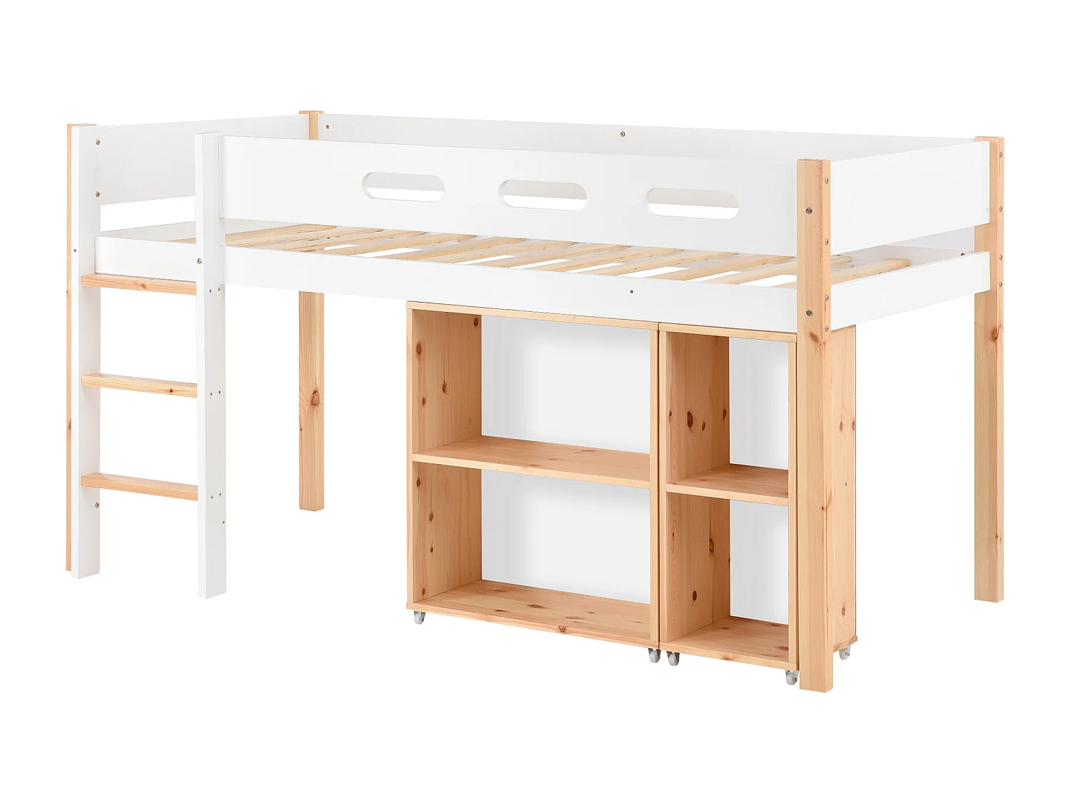 Lit mi hauteur enfant 90x200cm, avec sécurité, escalier et Etagère, bois,natuerel et blanc, sans matelas