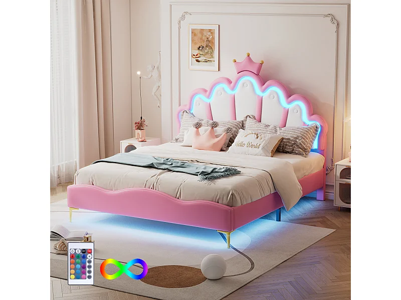 Kinderbed 140x200 cm met LED en kroonvormig hoofdbord, prinsessenbed PU roze, zonder matras