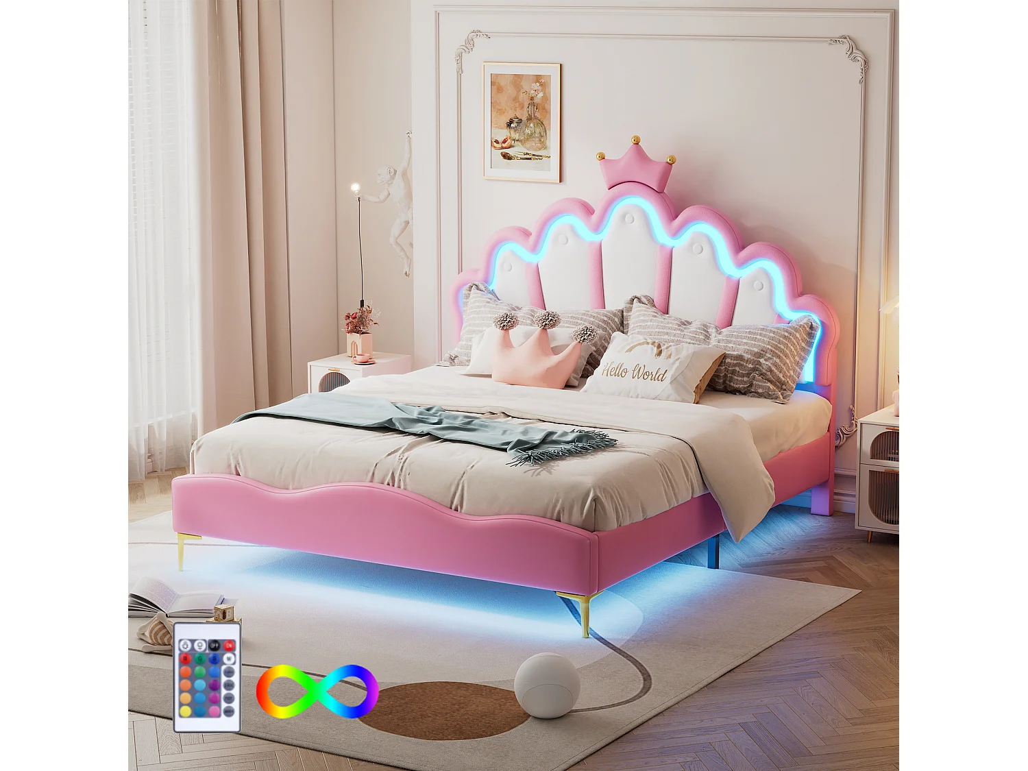 Lit enfant 140x200cm avec LED et tête de lit en forme de couronne, lit princesse en PU rose, sans matelas