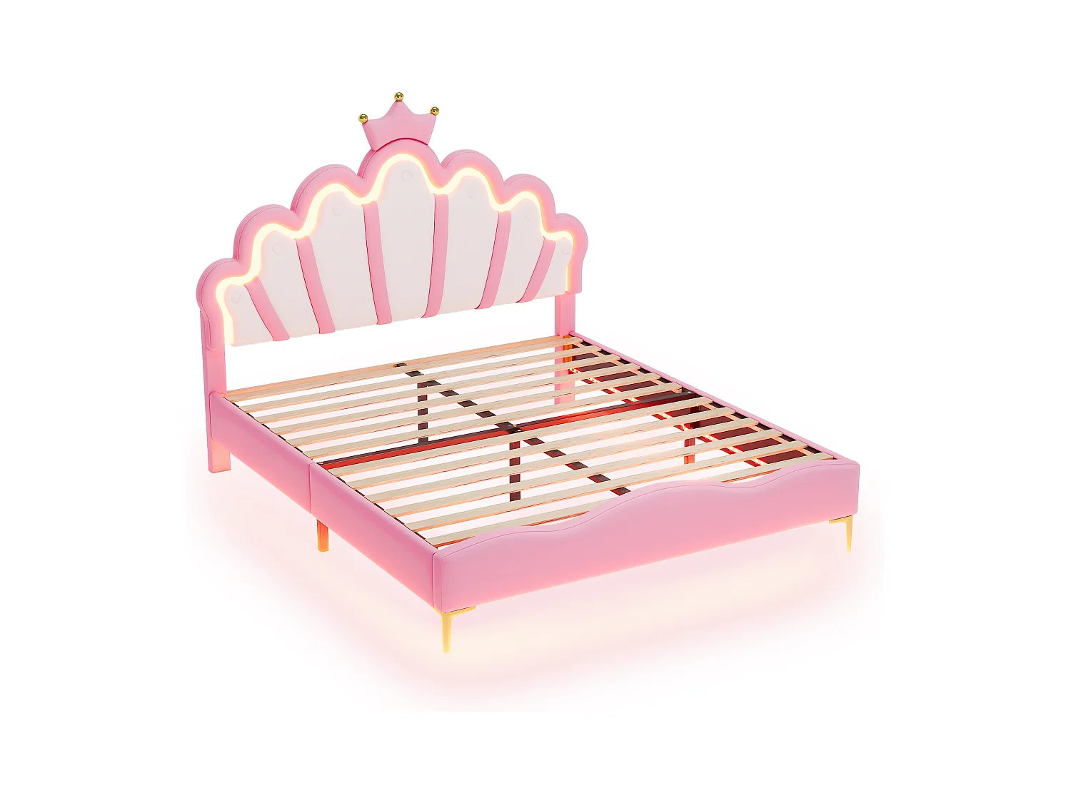 Lit enfant 140x200cm avec LED et tête de lit en forme de couronne, lit princesse en PU rose, sans matelas