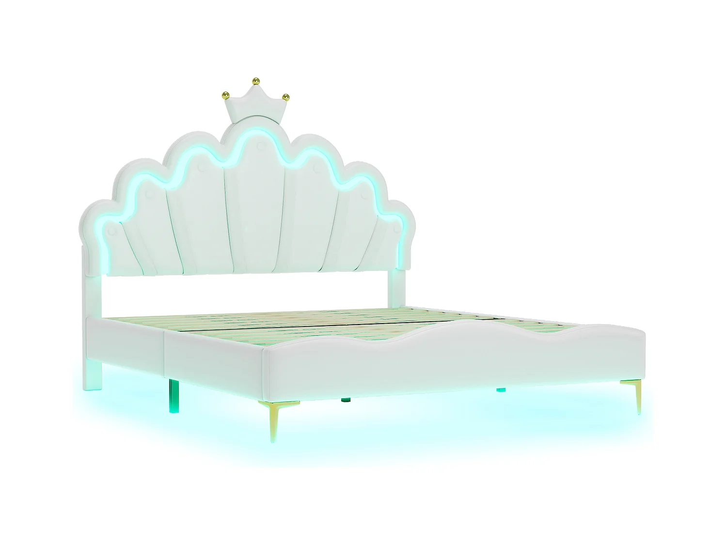 Lit enfant 140x200cm avec LED et tête de lit en forme de couronne, lit princesse en PU blanc, sans matelas